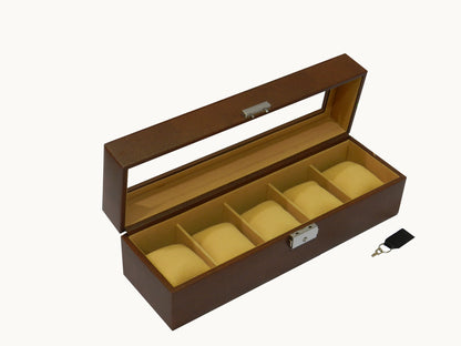 5 Slot Vegan Leather  Watch Box with Glass Top