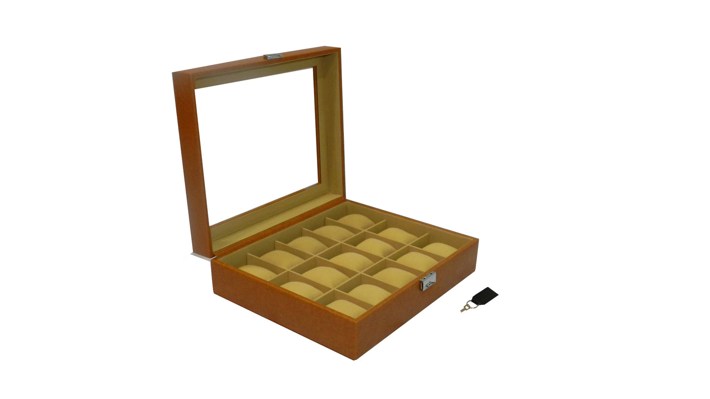 15 Slot Vegan Leather  Watch Box with Glass Top