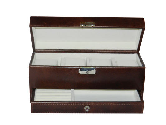 4 Slot Watch Box with Ring & Cufflink Box in Genuine Leather