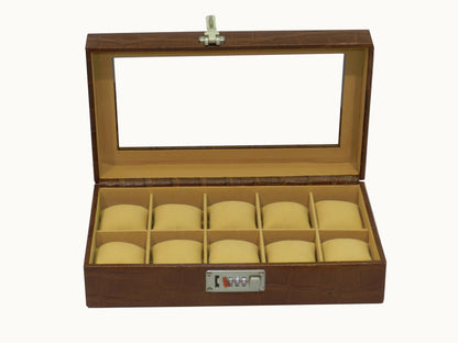 10 Slot Genuine Leather Premium Watch Box Glass Top