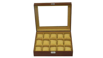 15 Slot Vegan Leather  Watch Box with Glass Top