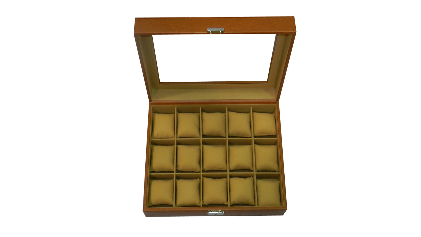 15 Slot Vegan Leather  Watch Box with Glass Top