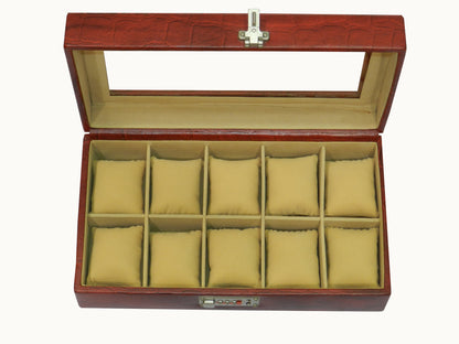 10 Slot Genuine Leather Premium Watch Box Glass Top