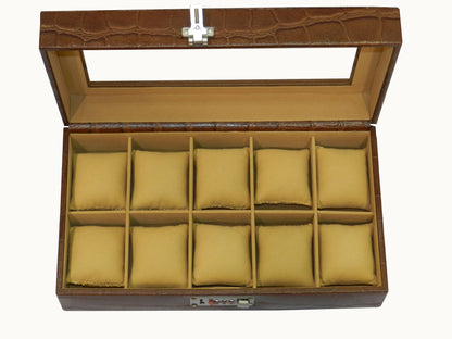 10 Slot Genuine Leather Premium Watch Box Glass Top
