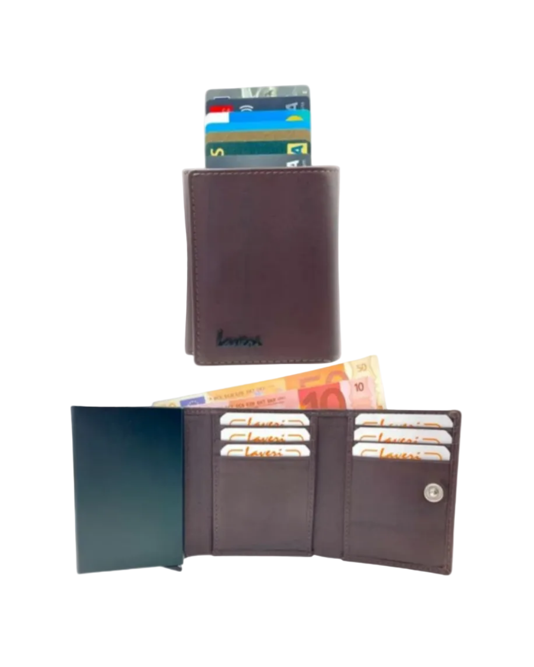 Smart Pop-Up Metallic Card Holder Tri-Fold Wallet in Leather #4522.New-Button