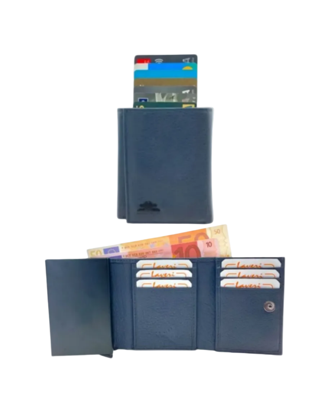 Smart Pop-Up Metallic Card Holder Tri-Fold Wallet in Leather #4522.New-Button