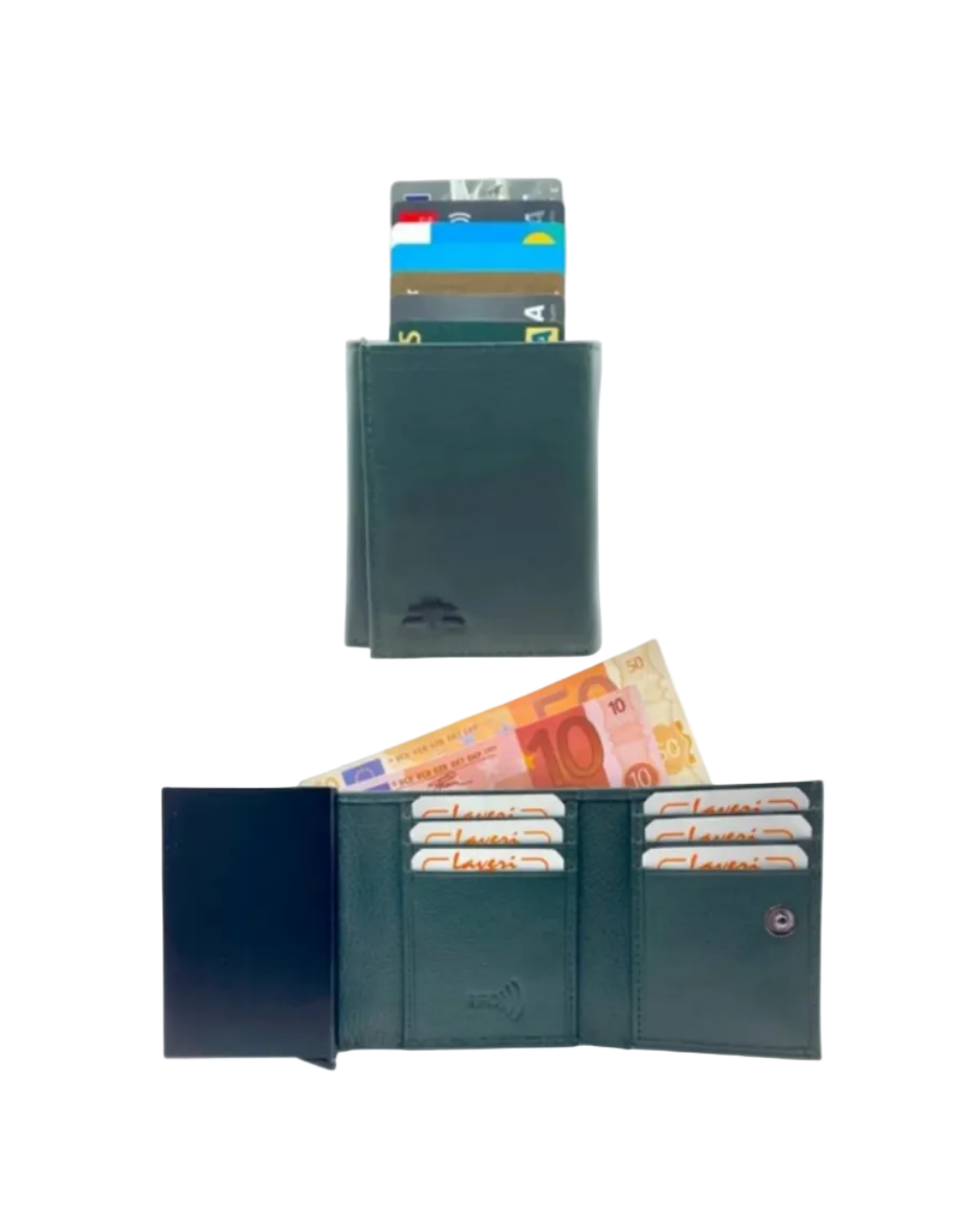 Smart Pop-Up Metallic Card Holder Tri-Fold Wallet in Leather #4522.New-Button