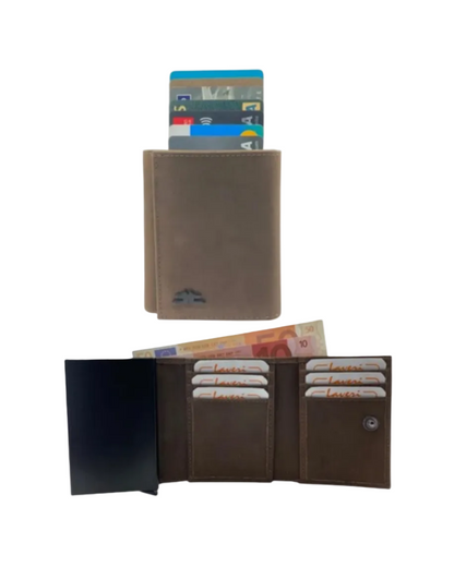 Smart Pop-Up Metallic Card Holder Tri-Fold Wallet in Leather #4522.New-Button