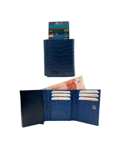 Smart Pop-Up Metallic Card Holder Tri-Fold Wallet in Leather #4522.New-Button