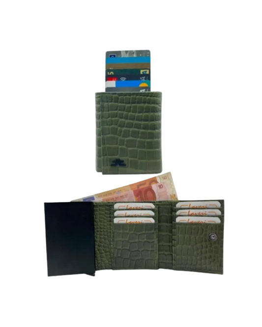 Smart Pop-Up Metallic Card Holder Tri-Fold Wallet in Leather #4522.New-Button
