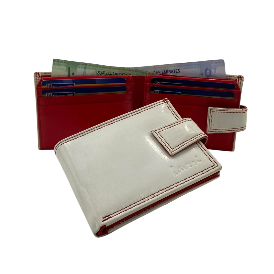 Men's Waterproof Bifold Leather Wallet with ID Window & Card Slots (White & Red Edition) #1729A [PLAIN]