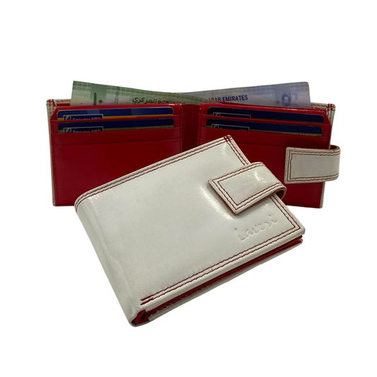 Men's Waterproof Bifold Leather Wallet with ID Window & Card Slots (White & Red Edition) #1729A [PLAIN]