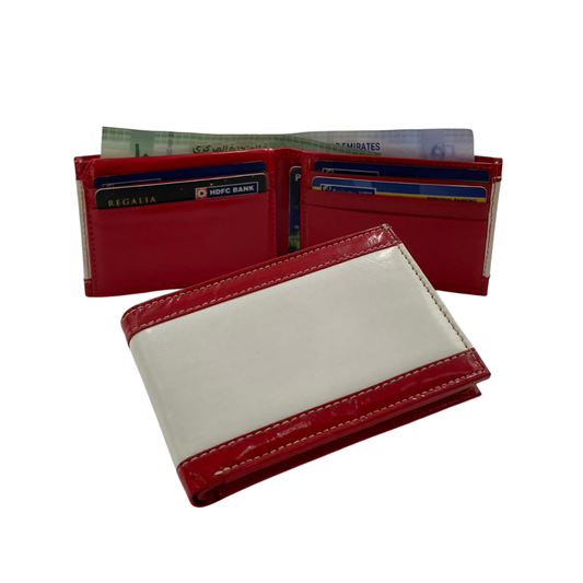 Men's Waterproof Bifold Leather Wallet with ID Window & Card Slots (White & Red Edition) #1020B [PATTI]