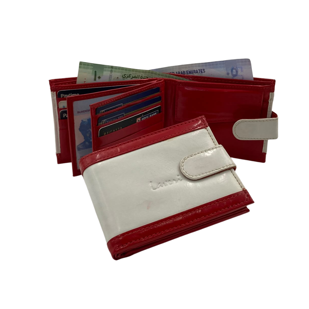 Men's Waterproof Bifold Leather Wallet with ID Window & Card Slots (White & Red Edition) #983CL [PATTI]