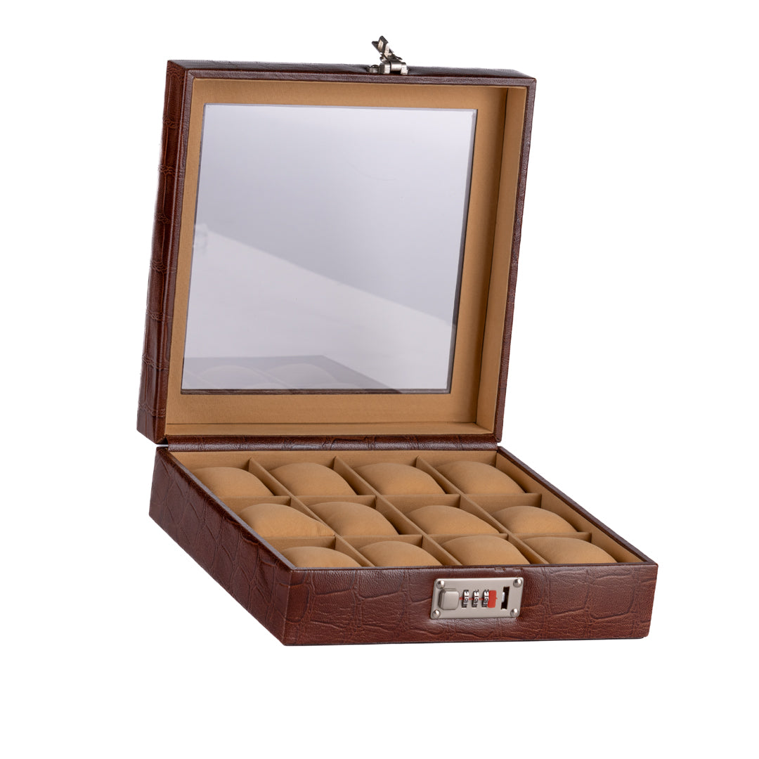 12 Slot Genuine Leather Premium Watch Box Glass Top