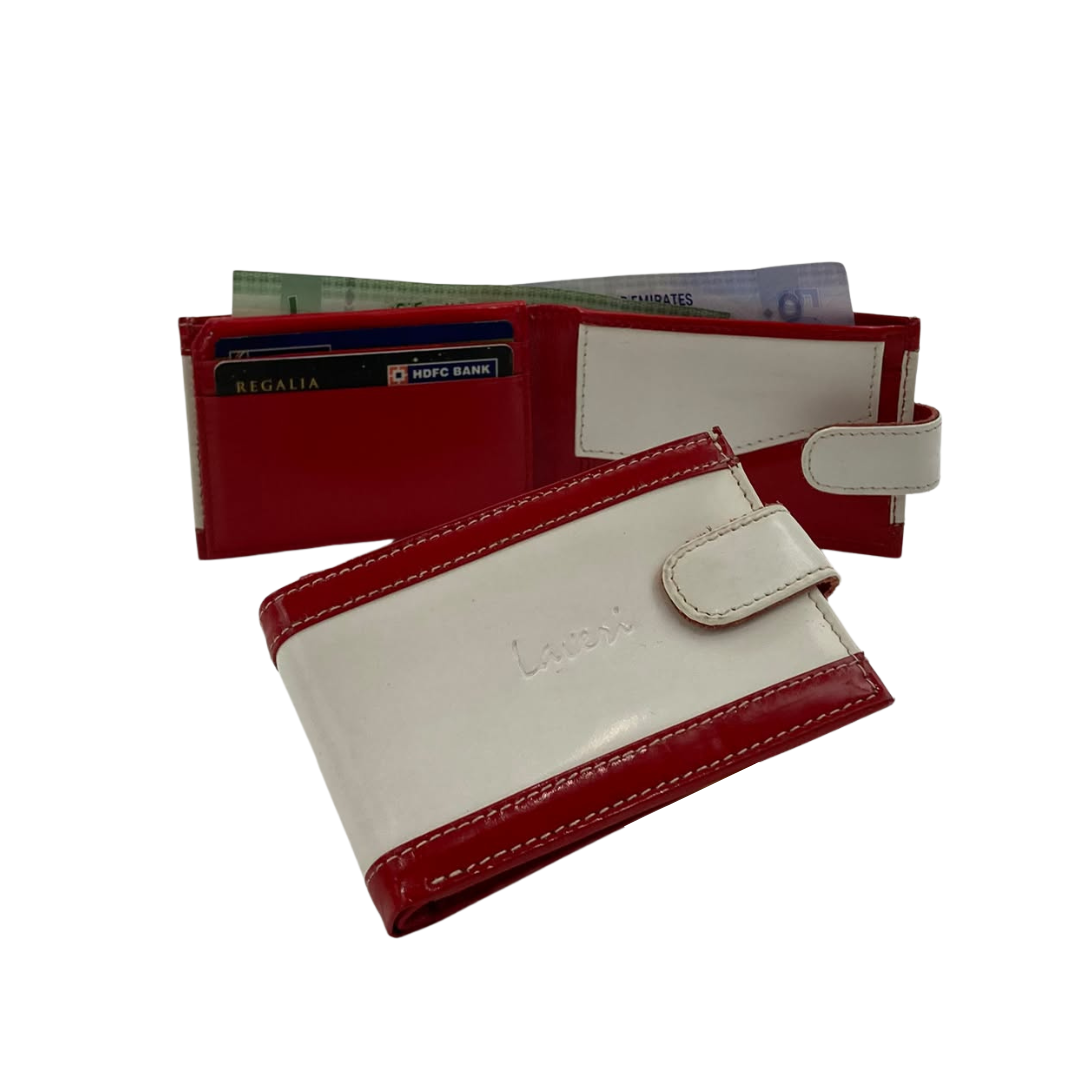 Men's Waterproof Bifold Leather Wallet with ID Window & Card Slots (White & Red Edition) #1020CL [PATTI]