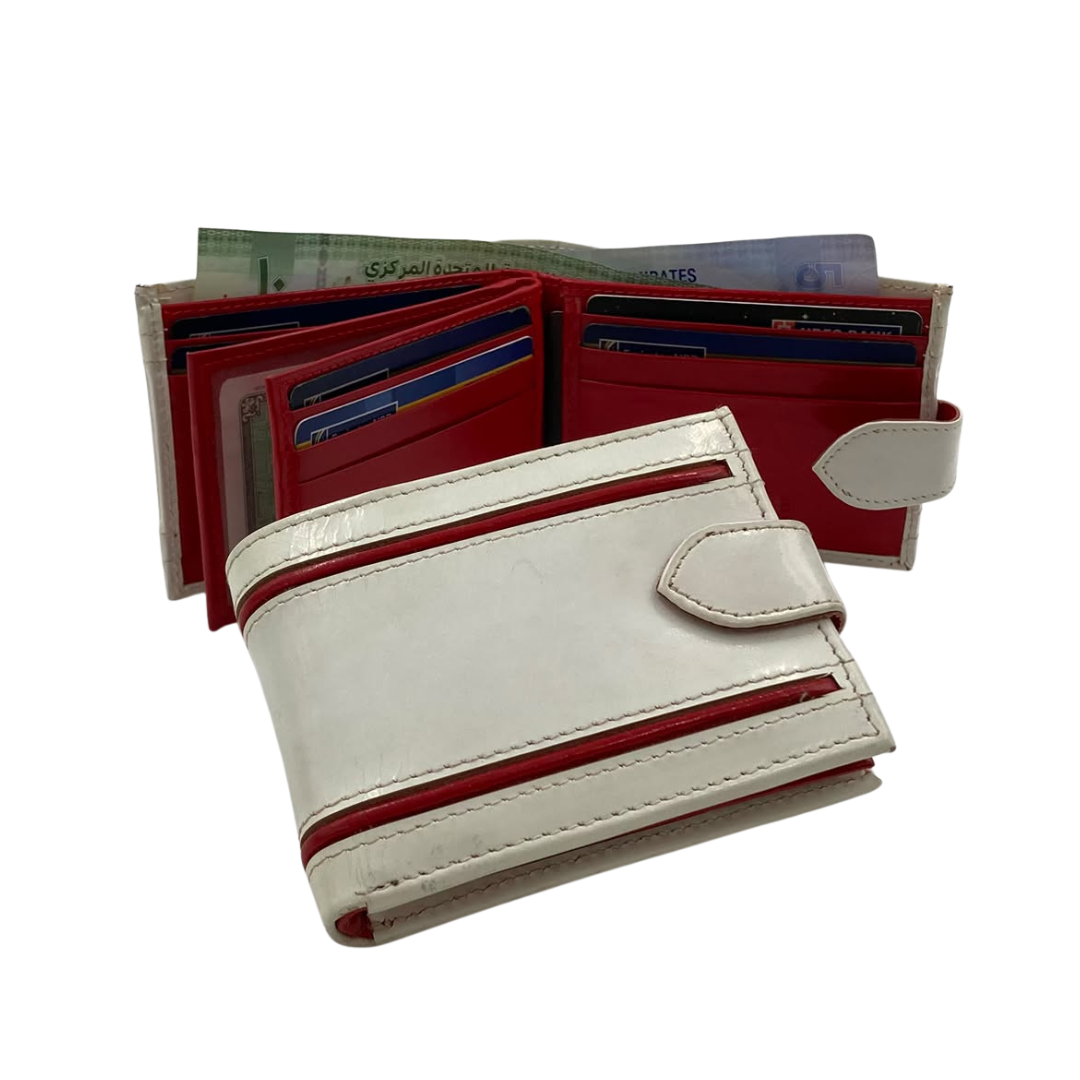 Men's Waterproof Bifold Leather Wallet with ID Window & Card Slots (White & Red Edition) #892AL [D.L.]