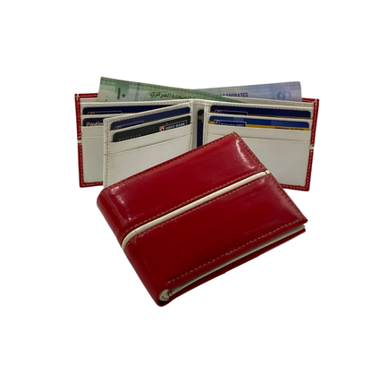 Men's Waterproof Bifold Leather Wallet with ID Window & Card Slots (White & Red Edition) #1728 [C.L.]