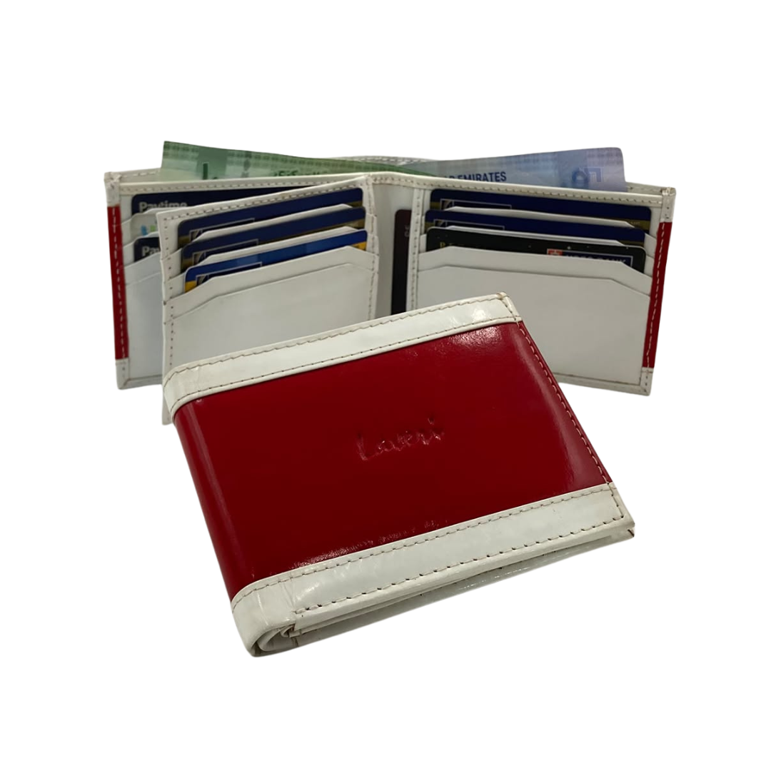 Men's Waterproof Bifold Leather Wallet with ID Window & Card Slots (White & Red Edition) #803 [PATTI]