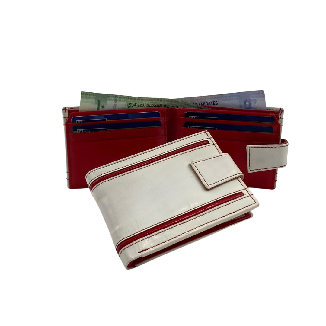Men's Waterproof Bifold Leather Wallet with ID Window & Card Slots (White & Red Edition) #1729A [D.L.]