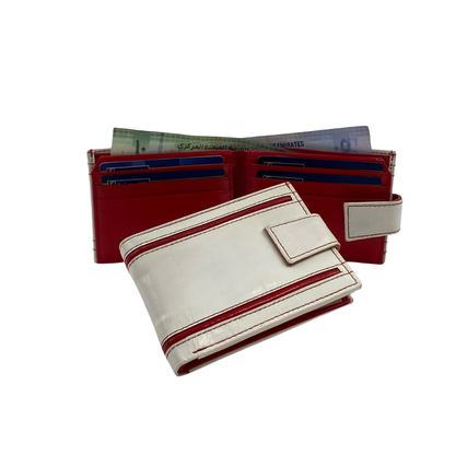 Men's Waterproof Bifold Leather Wallet with ID Window & Card Slots (White & Red Edition) #1729A [D.L.]