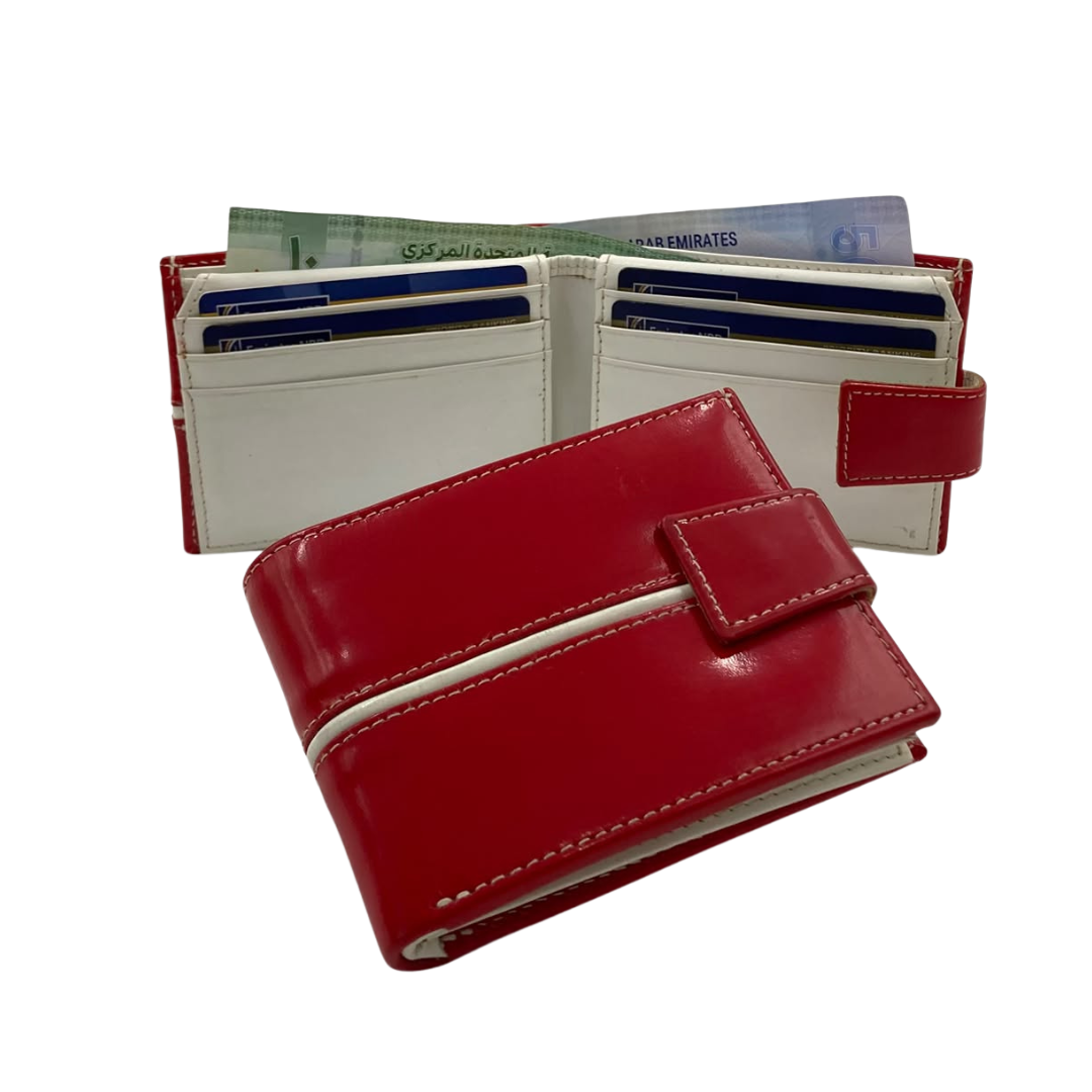 Men's Waterproof Bifold Leather Wallet with ID Window & Card Slots (White & Red Edition) #1729A [C.L.]