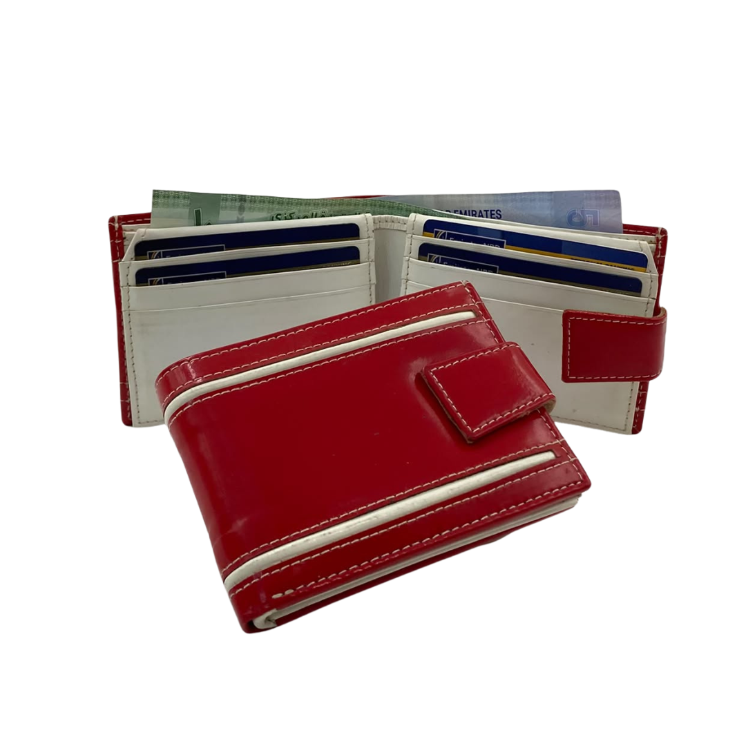 Men's Waterproof Bifold Leather Wallet with ID Window & Card Slots (White & Red Edition) #1729A [D.L.]