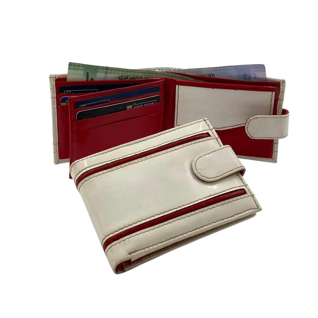 Men's Waterproof Bifold Leather Wallet with ID Window & Card Slots (White & Red Edition) #1728CL [D.L.]