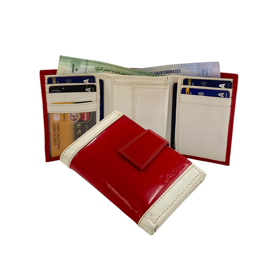 Men's Waterproof Bifold Leather Wallet with ID Window & Card Slots (White & Red Edition) #1125 [PATTI]
