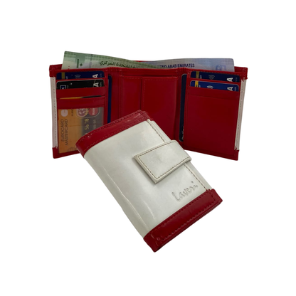 Men's Waterproof Bifold Leather Wallet with ID Window & Card Slots (White & Red Edition) #1125 [PATTI]
