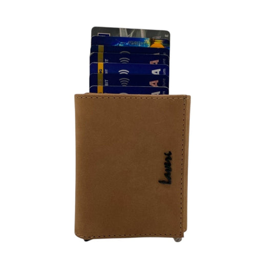 Smart Pop-Up Metallic Card Holder Tri-Fold Wallet in Leather # TRI 4523.NEW-ELASTIC