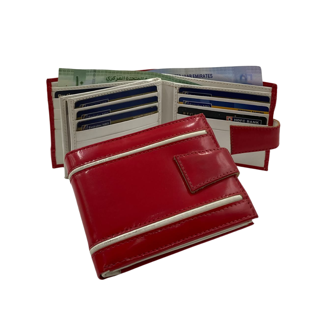 Men's Waterproof Bifold Leather Wallet with ID Window & Card Slots (White & Red Edition) #983AL [D.L.]