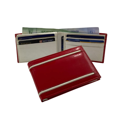 Men's Waterproof Bifold Leather Wallet with ID Window & Card Slots (White & Red Edition) #1020B [D.L.]