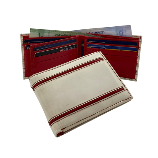 Men's Waterproof Bifold Leather Wallet with ID Window & Card Slots (White & Red Edition) #1728 [D.L.]