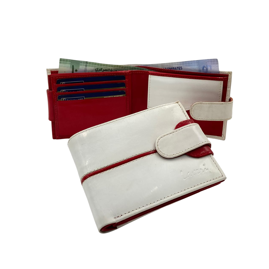 Men's Waterproof Bifold Leather Wallet with ID Window & Card Slots (White & Red Edition) #1887CL [C.L.]