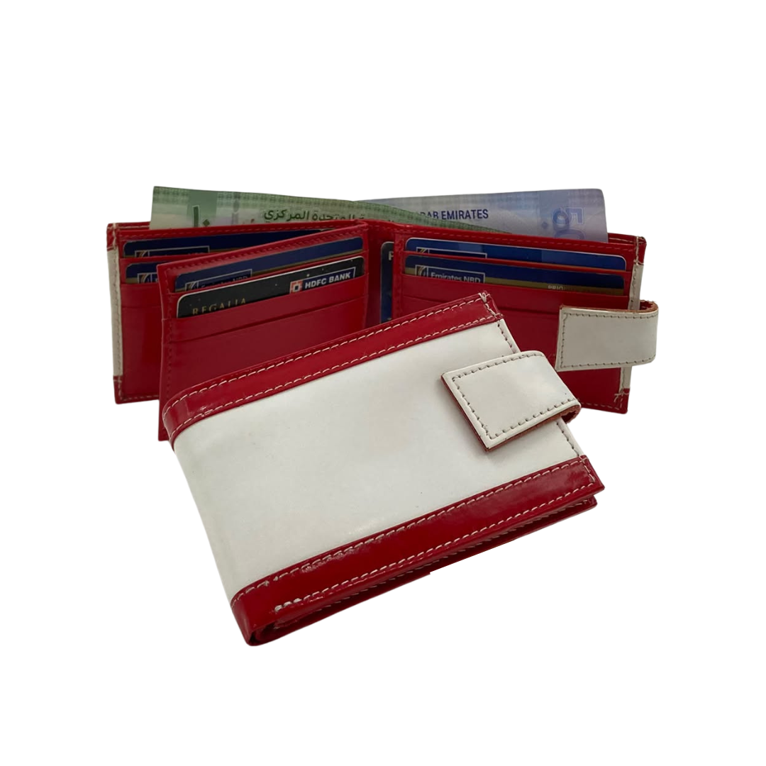 Men's Waterproof Bifold Leather Wallet with ID Window & Card Slots (White & Red Edition) #1020AL [PATTI]