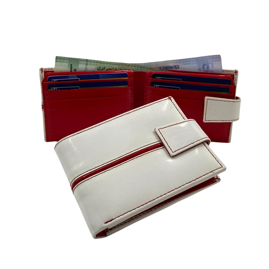Men's Waterproof Bifold Leather Wallet with ID Window & Card Slots (White & Red Edition) #1729A [C.L.]