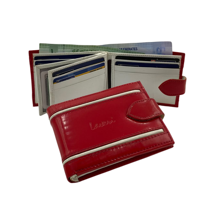Men's Waterproof Bifold Leather Wallet with ID Window & Card Slots (White & Red Edition) #892AL [D.L.]