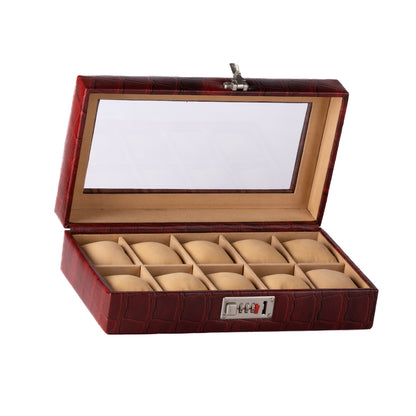 10 Slot Genuine Leather Premium Watch Box Glass Top