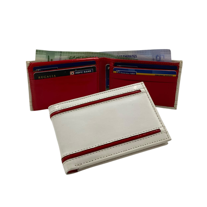 Men's Waterproof Bifold Leather Wallet with ID Window & Card Slots (White & Red Edition) #1020B [D.L.]