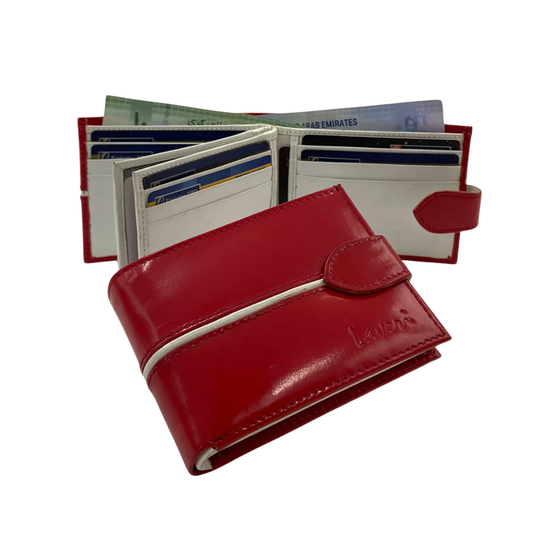 Men's Waterproof Bifold Leather Wallet with ID Window & Card Slots (White & Red Edition) #892AL [C.L.]
