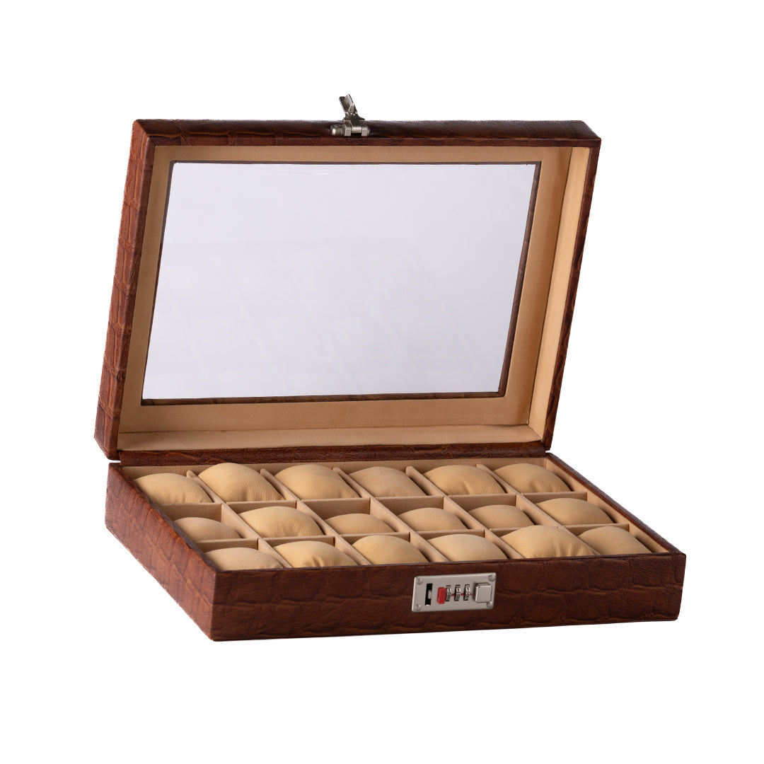 18 Slot Genuine Leather Premium Watch Box Glass Top