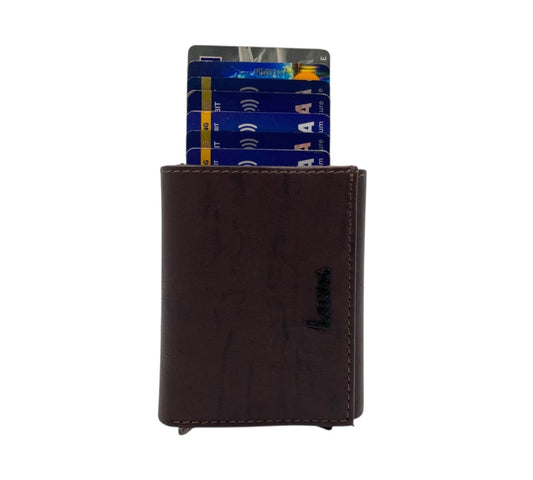 Smart Pop-Up Metallic Card Holder Tri-Fold Wallet in Leather # TRI 4523.NEW-ELASTIC