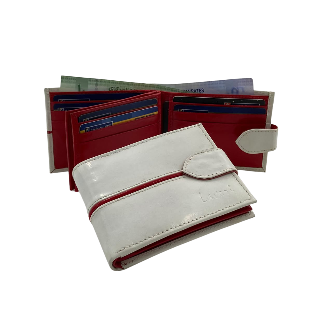 Men's Waterproof Bifold Leather Wallet with ID Window & Card Slots (White & Red Edition) #892AL [C.L.]