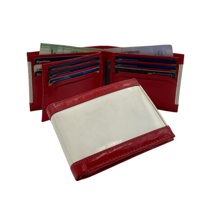 Men's Waterproof Bifold Leather Wallet with ID Window & Card Slots (White & Red Edition) #803 [PATTI]
