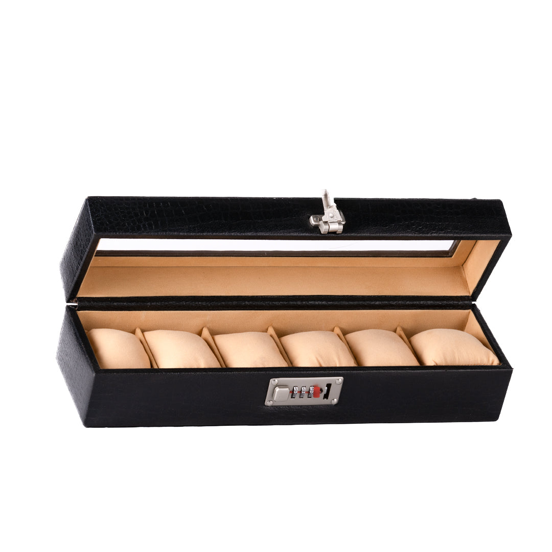 6 Slot Genuine Leather Premium Watch Box Glass Top