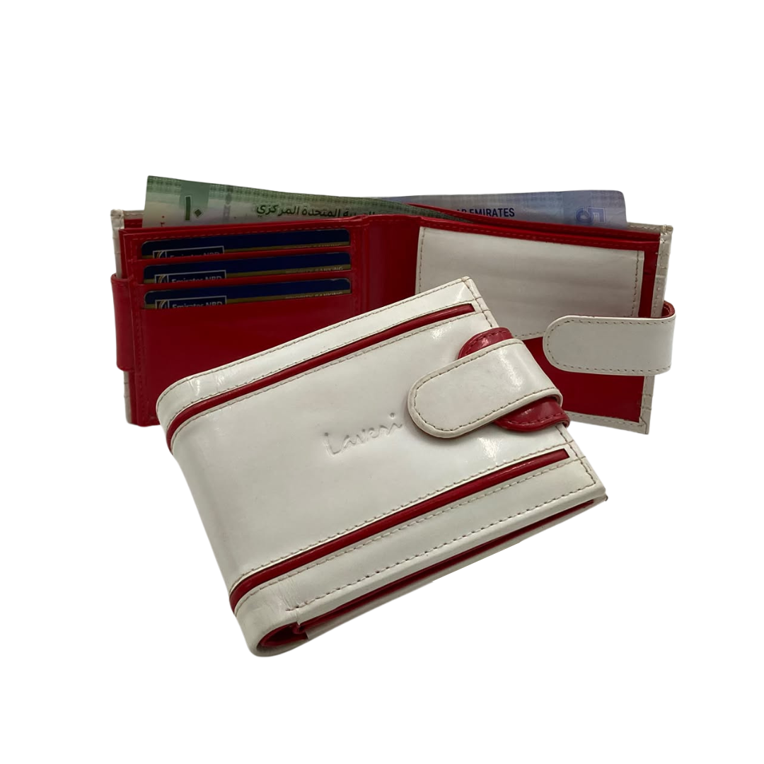 Men's Waterproof Bifold Leather Wallet with ID Window & Card Slots (White & Red Edition) #1887CL [D.L.]