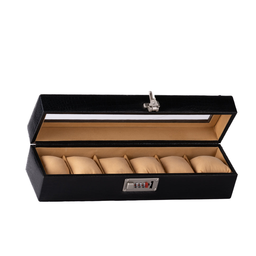 6 Slot Genuine Leather Premium Watch Box Glass Top