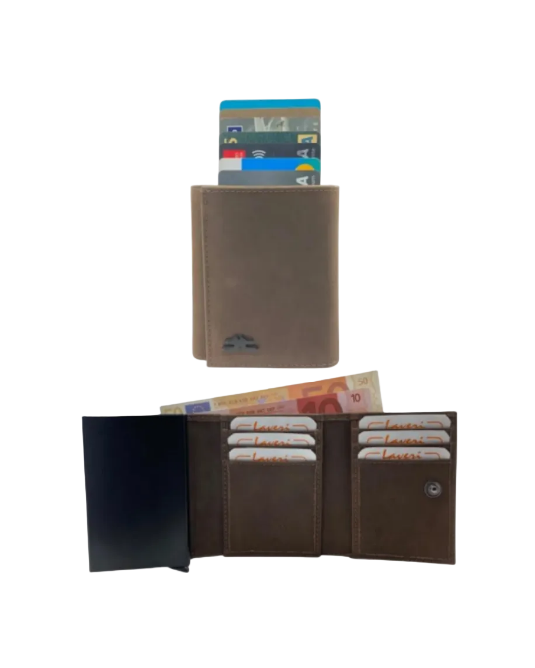 Smart Pop-Up Metallic Card Holder Tri-Fold Wallet in Leather # TRI - 4522.NEW-Buton