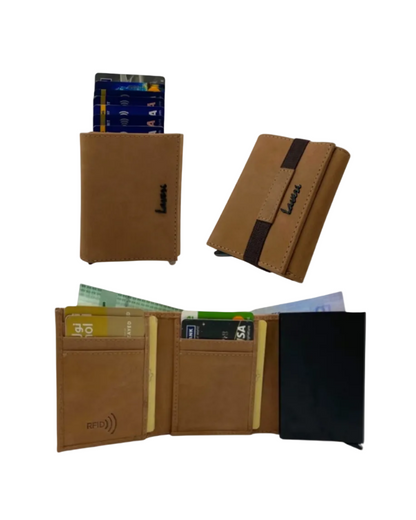Smart Pop-Up Metallic Card Holder Tri-Fold Wallet in Leather # TRI 4523.NEW-ELASTIC